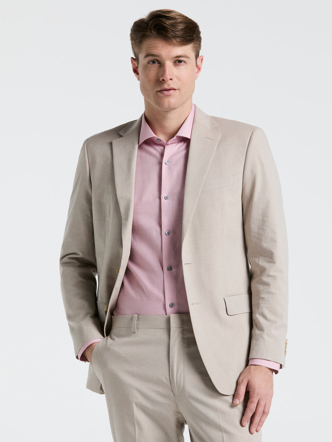 Perry Ellis Outlet Men's Slim Fit Solid Linen Blend Suit Jacket in Sand/beige, Size 48