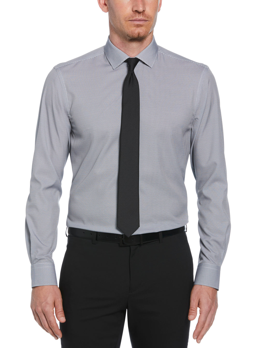 Perry Ellis Outlet Men's Slim Fit Stretch Houndstooth Dress Shirt in Black, Size 18.0, Polyester/Spandex Long Sleeves