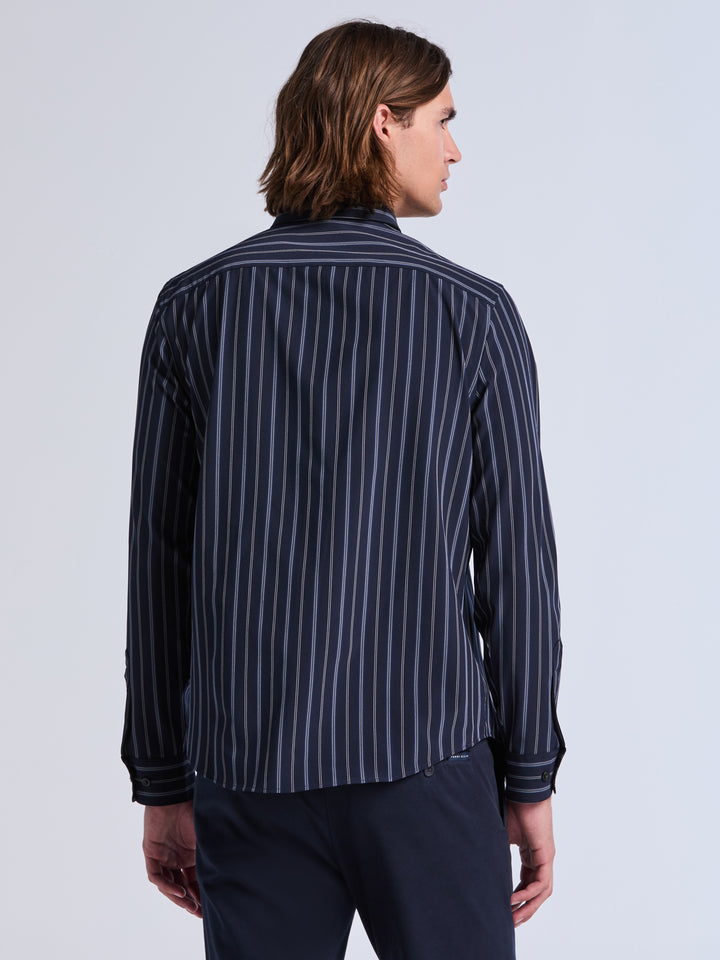 Slim Fit Stripe Long Sleeve Shirt (Dark Sapphire) 