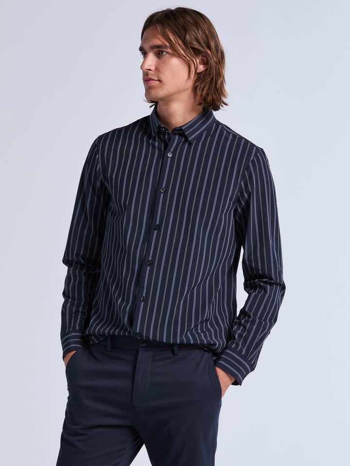 Slim Fit Stripe Long Sleeve Shirt (Dark Sapphire) 