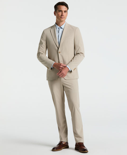 Slim Fit Solid Cotton Blend Suit Jacket (Khaki) 
