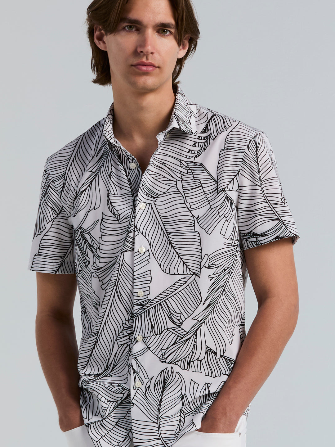 Slim Fit Short Sleeve Botanical Print Shirt (Brt White/Black) 