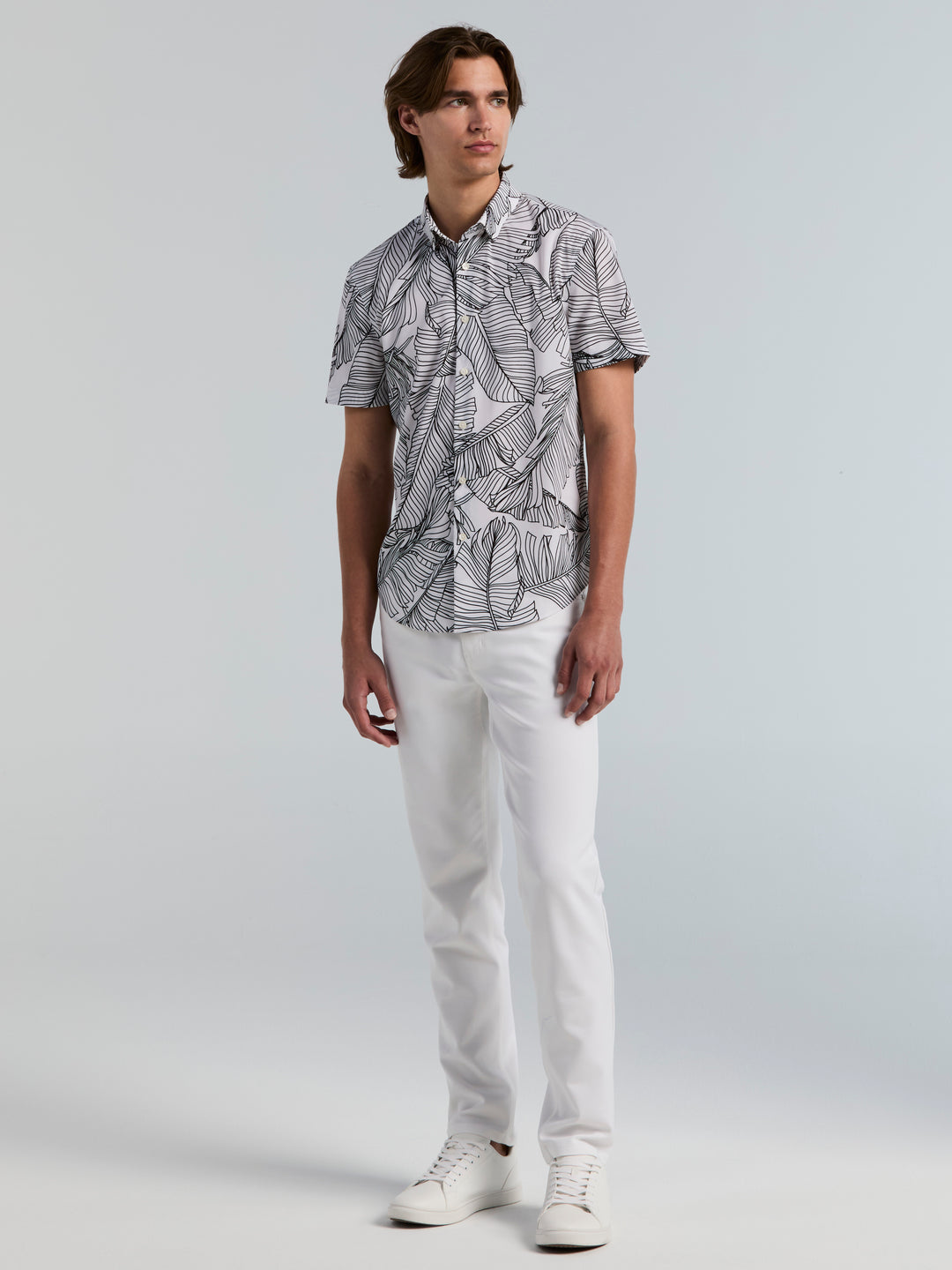 Slim Fit Short Sleeve Botanical Print Shirt (Brt White/Black) 