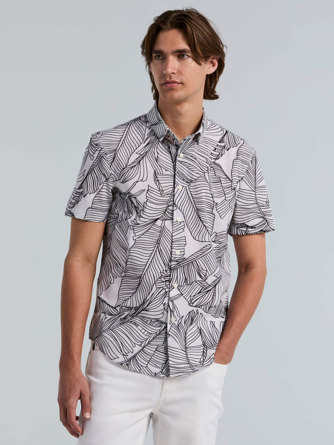 Slim Fit Short Sleeve Botanical Print Shirt (Brt White/Black) 