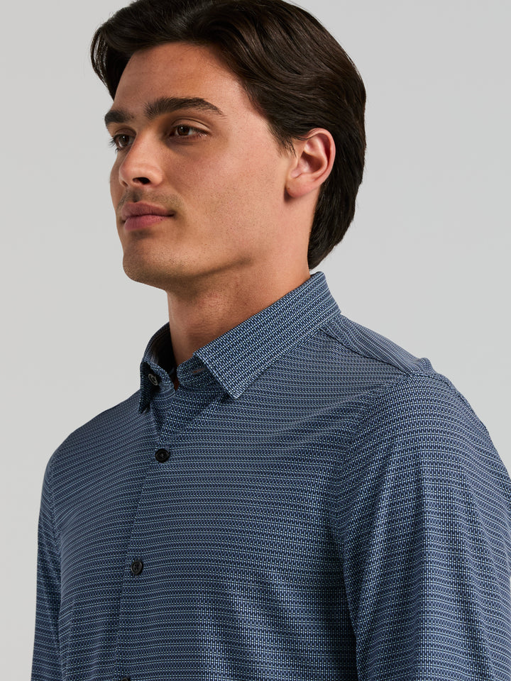 Slim Fit Micro Geo Print Long Sleeve Shirt (Dark Sapphire) 