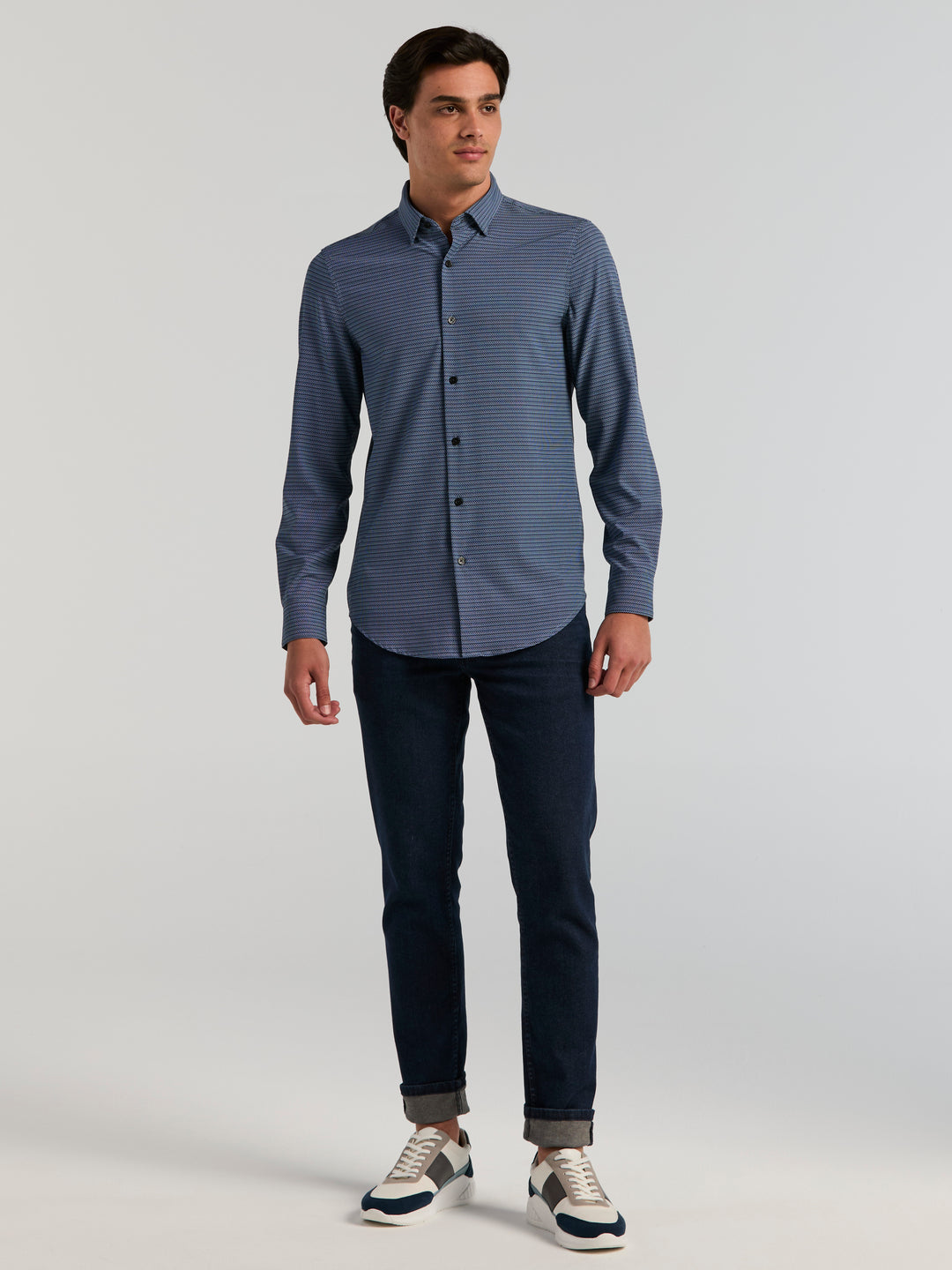 Slim Fit Micro Geo Print Long Sleeve Shirt (Dark Sapphire) 
