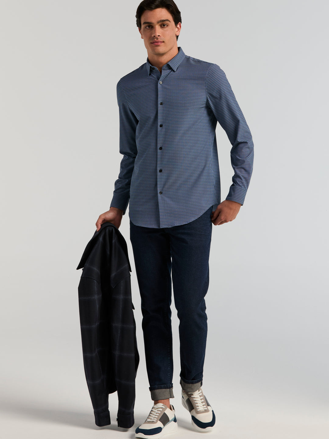 Slim Fit Micro Geo Print Long Sleeve Shirt (Dark Sapphire) 