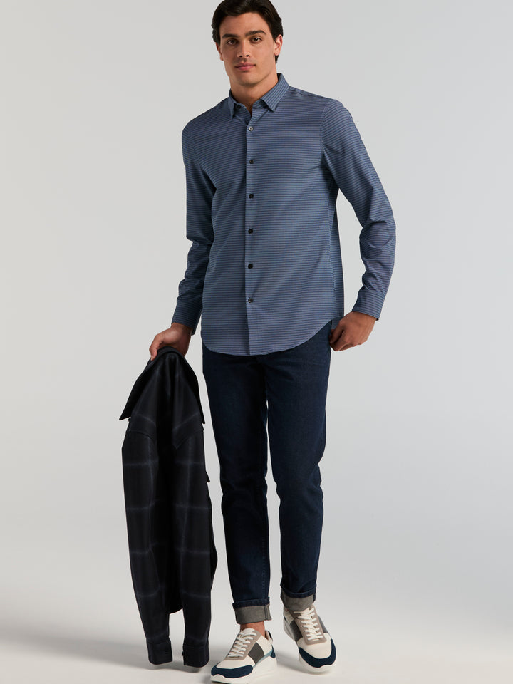 Slim Fit Micro Geo Print Long Sleeve Shirt (Dark Sapphire) 