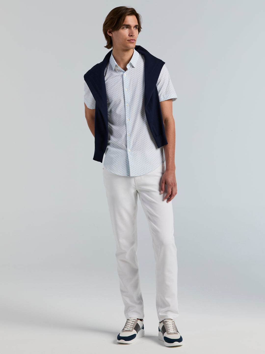 Slim Fit Short Sleeve Square Stripe Print Shirt (Blue Tint) 