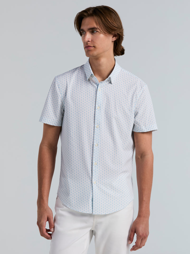 Slim Fit Short Sleeve Square Stripe Print Shirt (Blue Tint) 