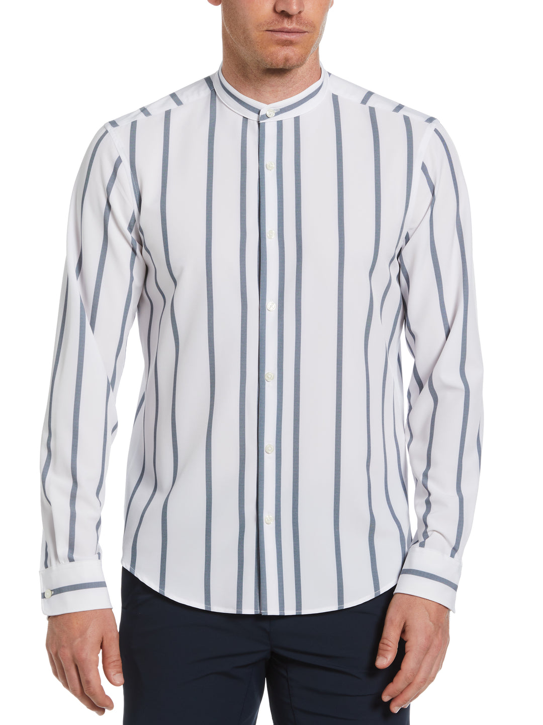 Slim Fit Total Stretch Striped Shirt with Band Collar (Dark Denim) 