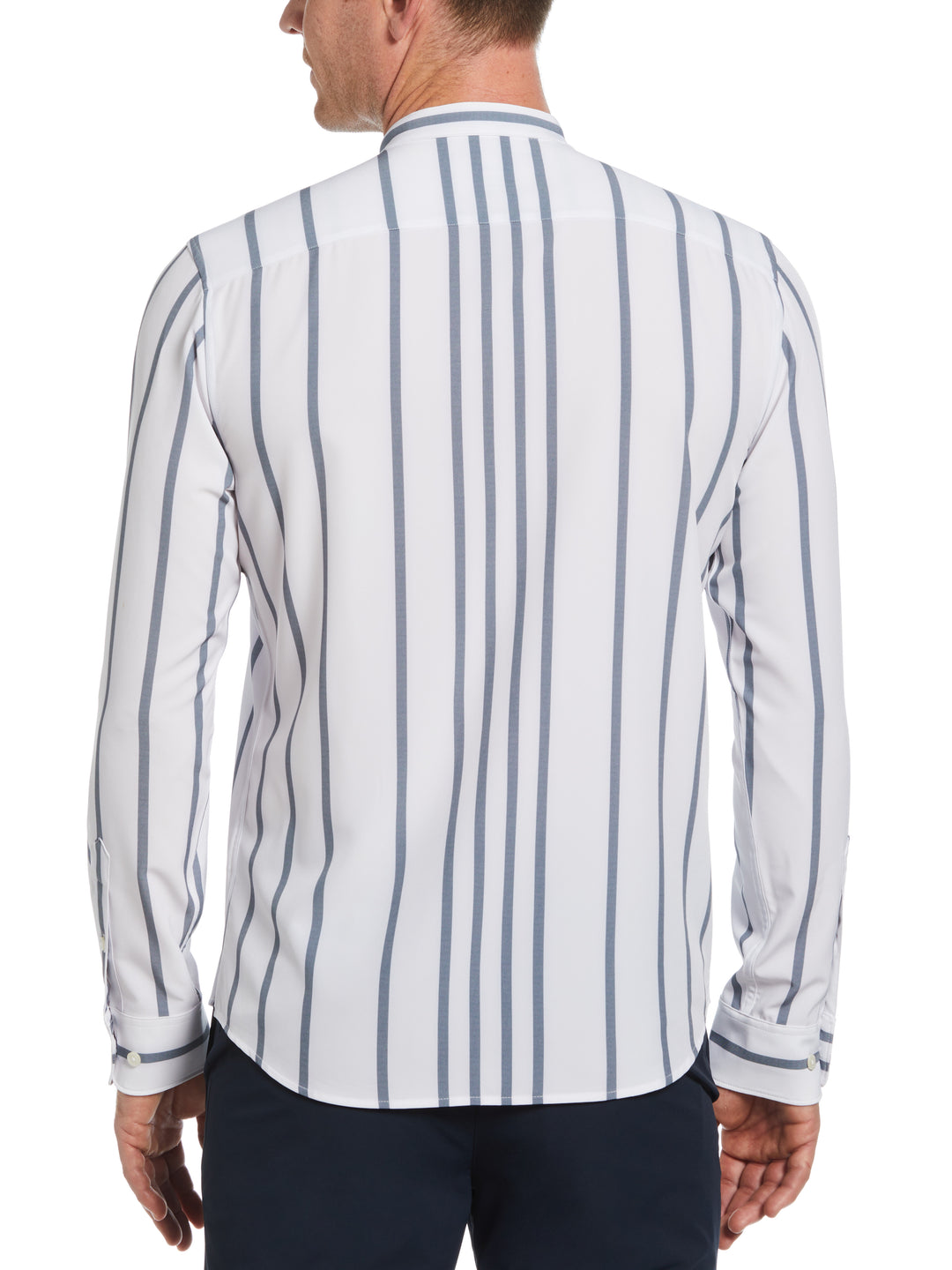 Slim Fit Total Stretch Striped Shirt with Band Collar (Dark Denim) 