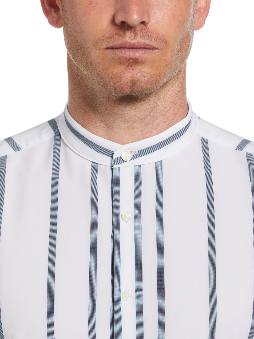 Slim Fit Total Stretch Striped Shirt with Band Collar (Dark Denim) 