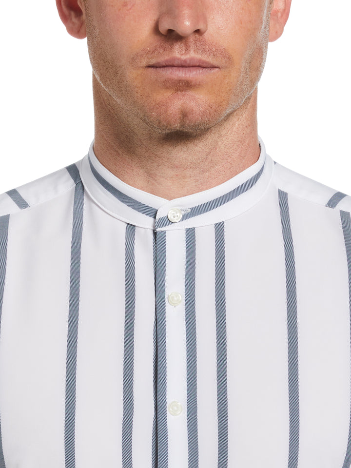 Slim Fit Total Stretch Striped Shirt with Band Collar (Dark Denim) 