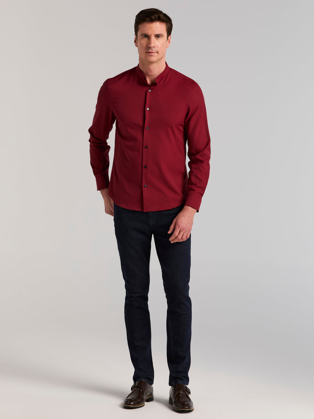 good slim fit dress shirts Total Stretch Untucked Banded Collar Shirt Hand Printed Color:Eucalyptu have for your wardrobe White Asymmetrical Skew Neck