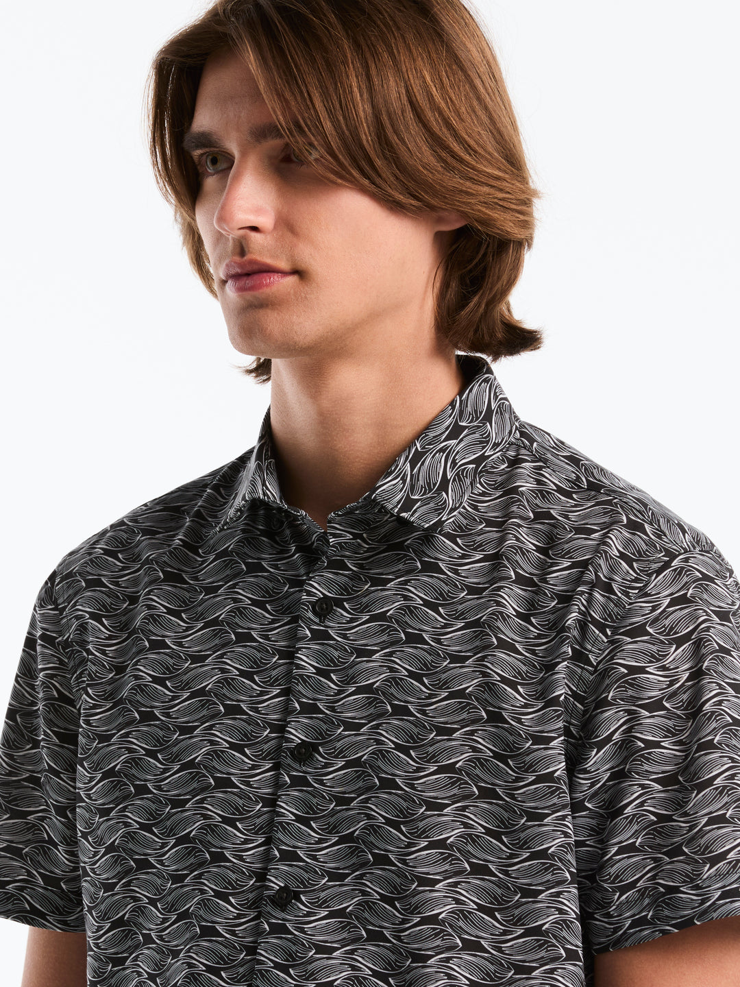 Plain weave Slim Fit Wave Print Shirt (Black) 
