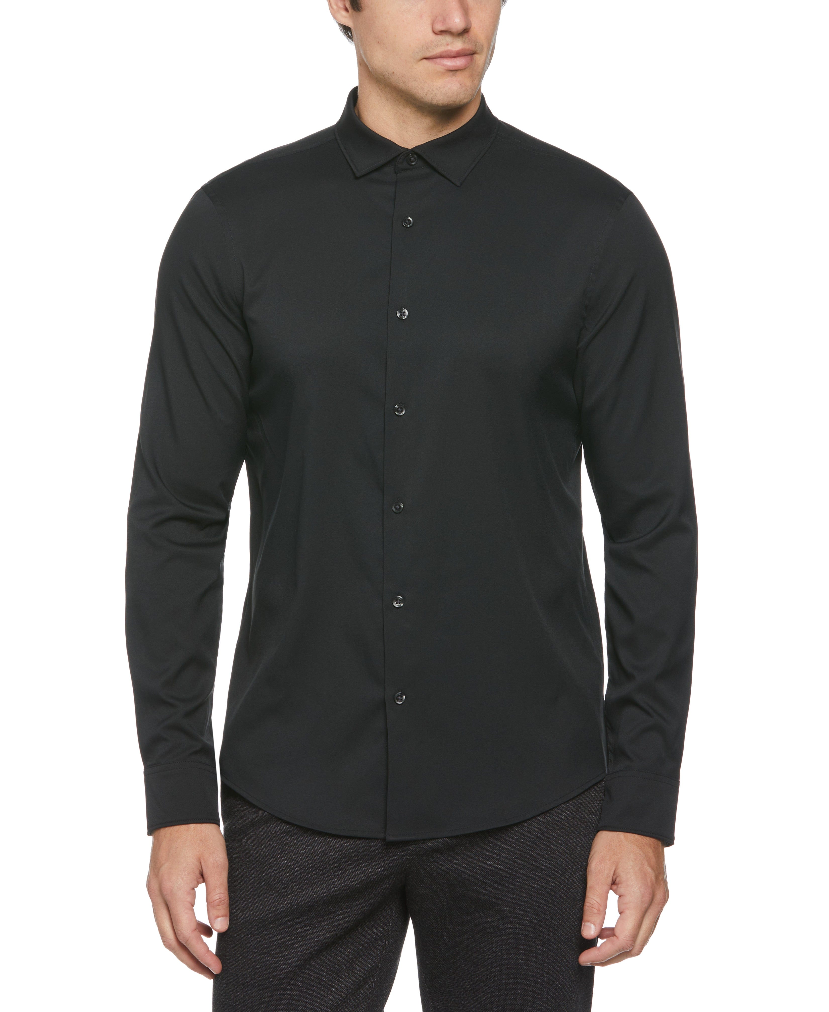 Slim Fit Untucked Total Stretch Solid Shirt - Black | Perry