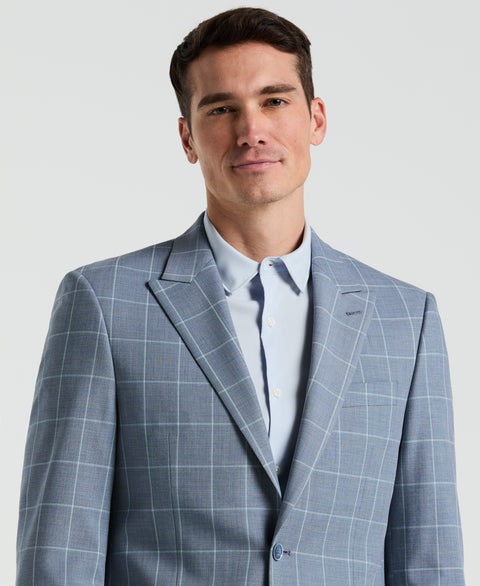 Slim Fit Windowpane Pattern Suit Jacket (Blue) 