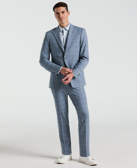 Slim Fit Windowpane Pattern Suit Jacket (Blue) 