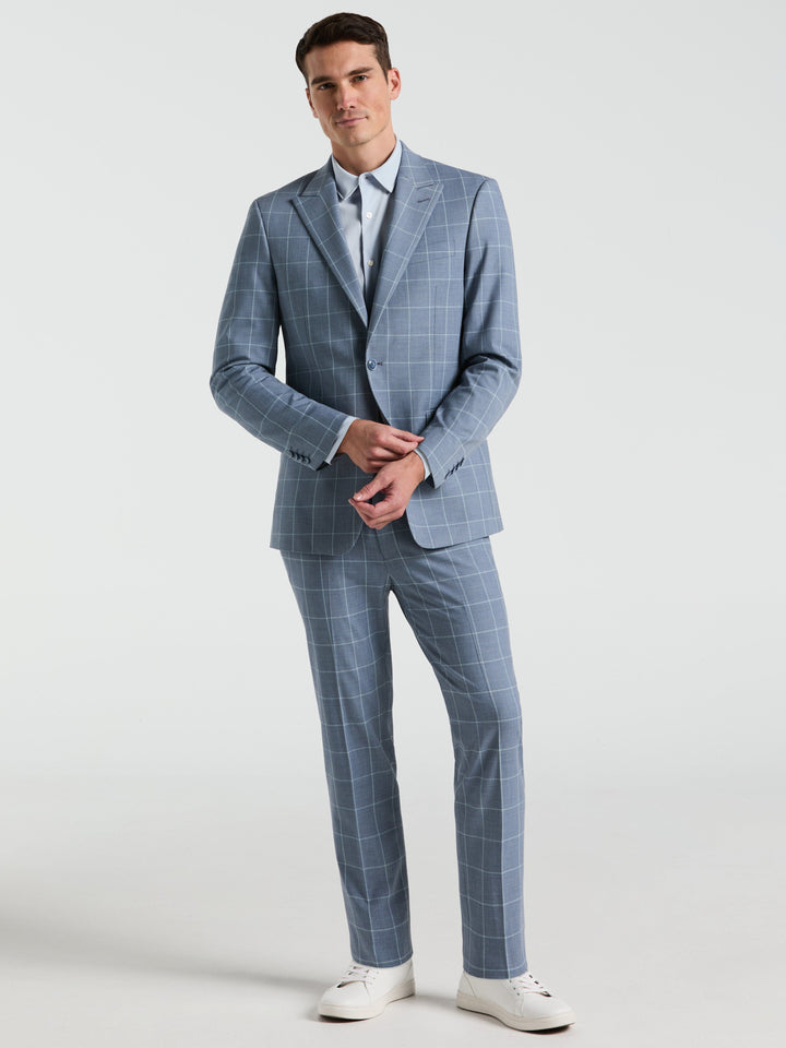 Slim Fit Windowpane Pattern Suit Jacket (Blue) 