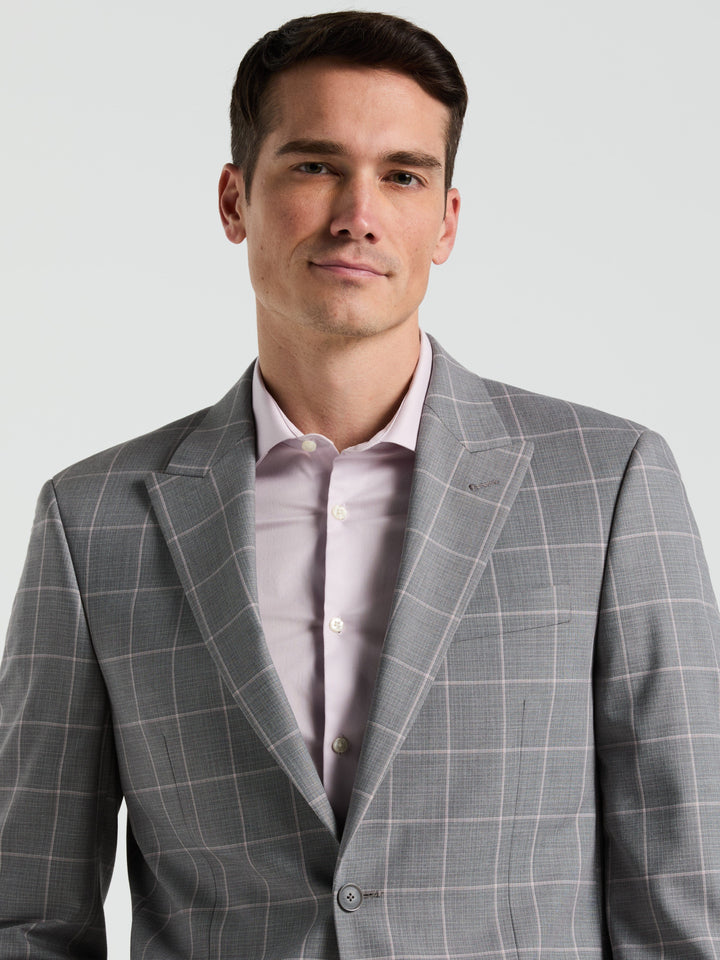 Slim Fit Windowpane Pattern Suit Jacket (Grey/Pink) 