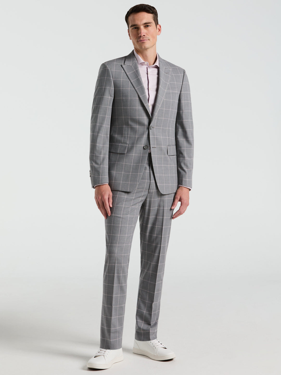 Perry Ellis Outlet Men's Slim Fit Windowpane Pattern Suit Jacket in Grey/Pink/Gray, Size 42 | Long, Polyester/Elastane/Viscose Perry Ellis Outlet Men's Slim Fit Windowpane Pattern Suit Jacket in Grey/Pink/Gray, Size 42 | Long, Polyester/Elastane/Viscose