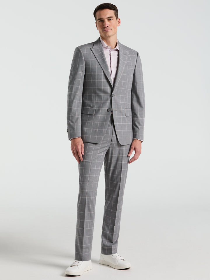 Slim Fit Windowpane Pattern Suit Jacket (Grey/Pink) 