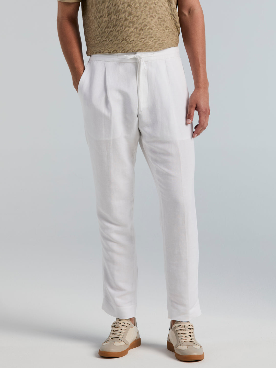 Perry Ellis Men's Slim Tapered EcoVero Linen Blend Drawstring Pants in Bright White, Size Large, Solid, Regular