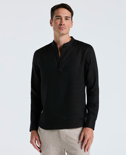 Solid Linen Popover Shirt (Black) 