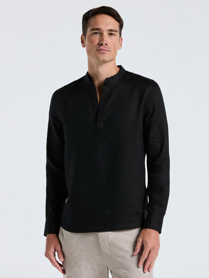 Solid Linen Popover Shirt (Black) 