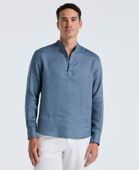 Solid Linen Popover Shirt (Blue Mirage) 