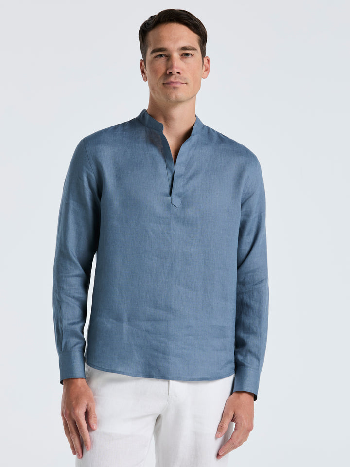 Solid Linen Popover Shirt (Blue Mirage) 