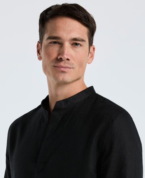 Solid Linen Popover Shirt (Black) 