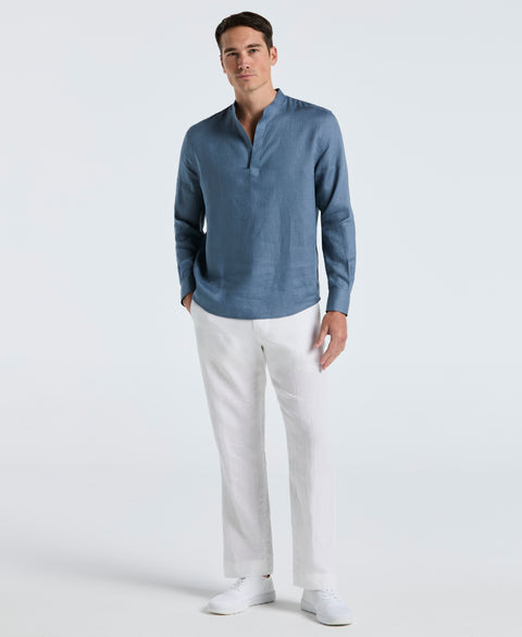 Solid Linen Popover Shirt (Blue Mirage) 