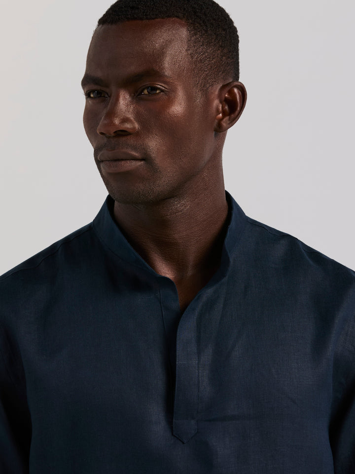 Solid Linen Popover Shirt (Dark Sapphire) 