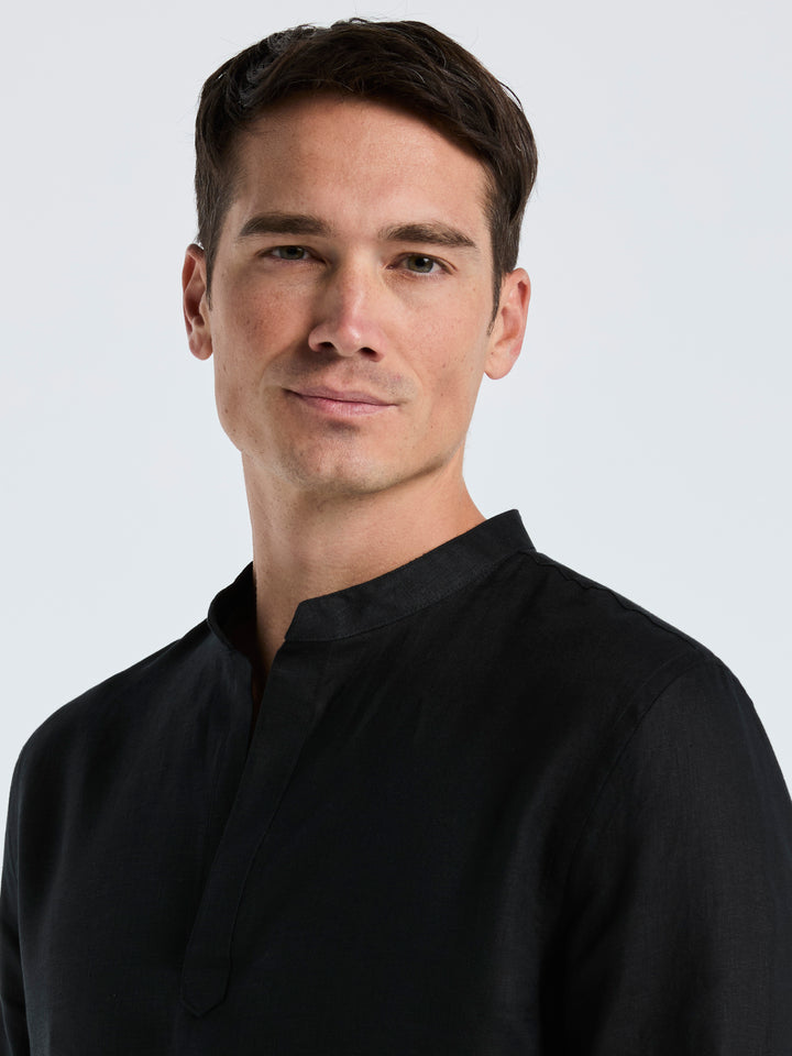 Solid Linen Popover Shirt (Black) 