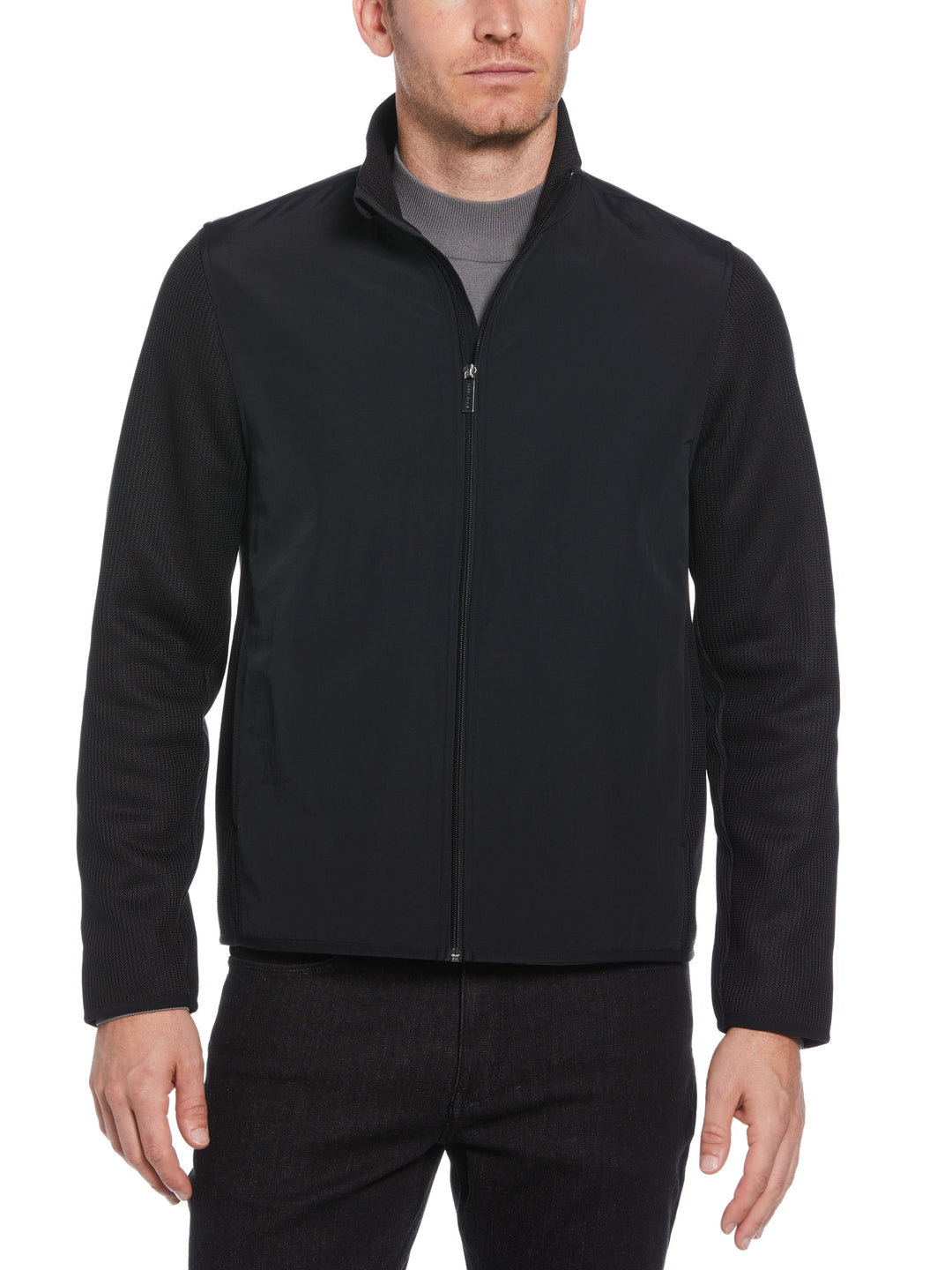 Solid Stretch Full-Zip Fleece Sweater (Black) 
