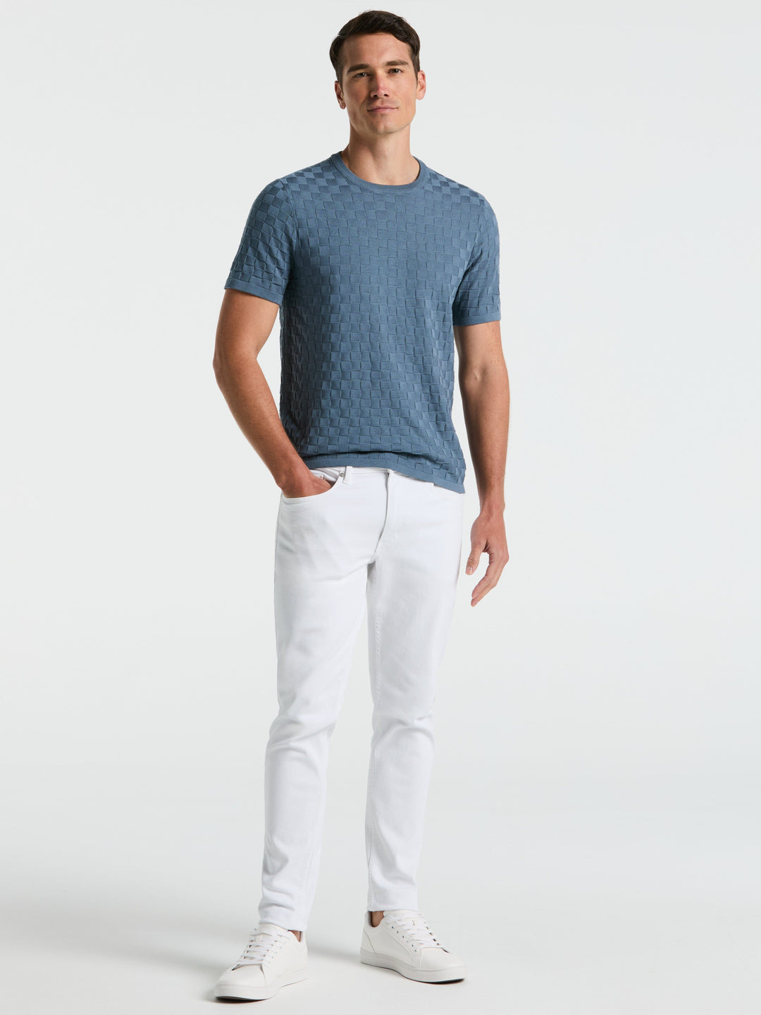 Square Pattern Crew Neck Sweater (Blue Mirage)