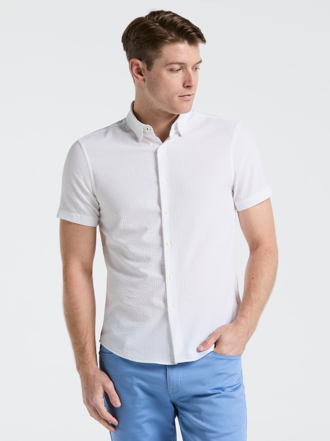 Solid Seersucker Slim Fit Shirt (Bright White) 