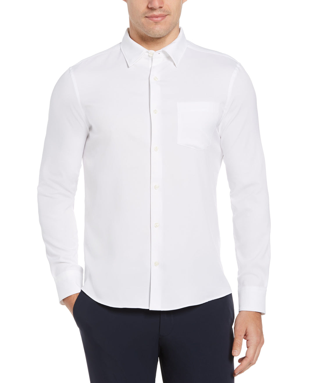 Perry Ellis Outlet Men's Tall Slim Fit Untucked Total Stretch Solid Shirt in Bright White-RT, Size 3XLT, 100% Polyester, Big And Tall Long Sleeves