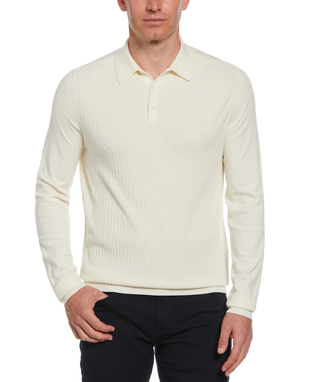Tech Knit Long Sleeve Line Pattern Polo (Egret) 