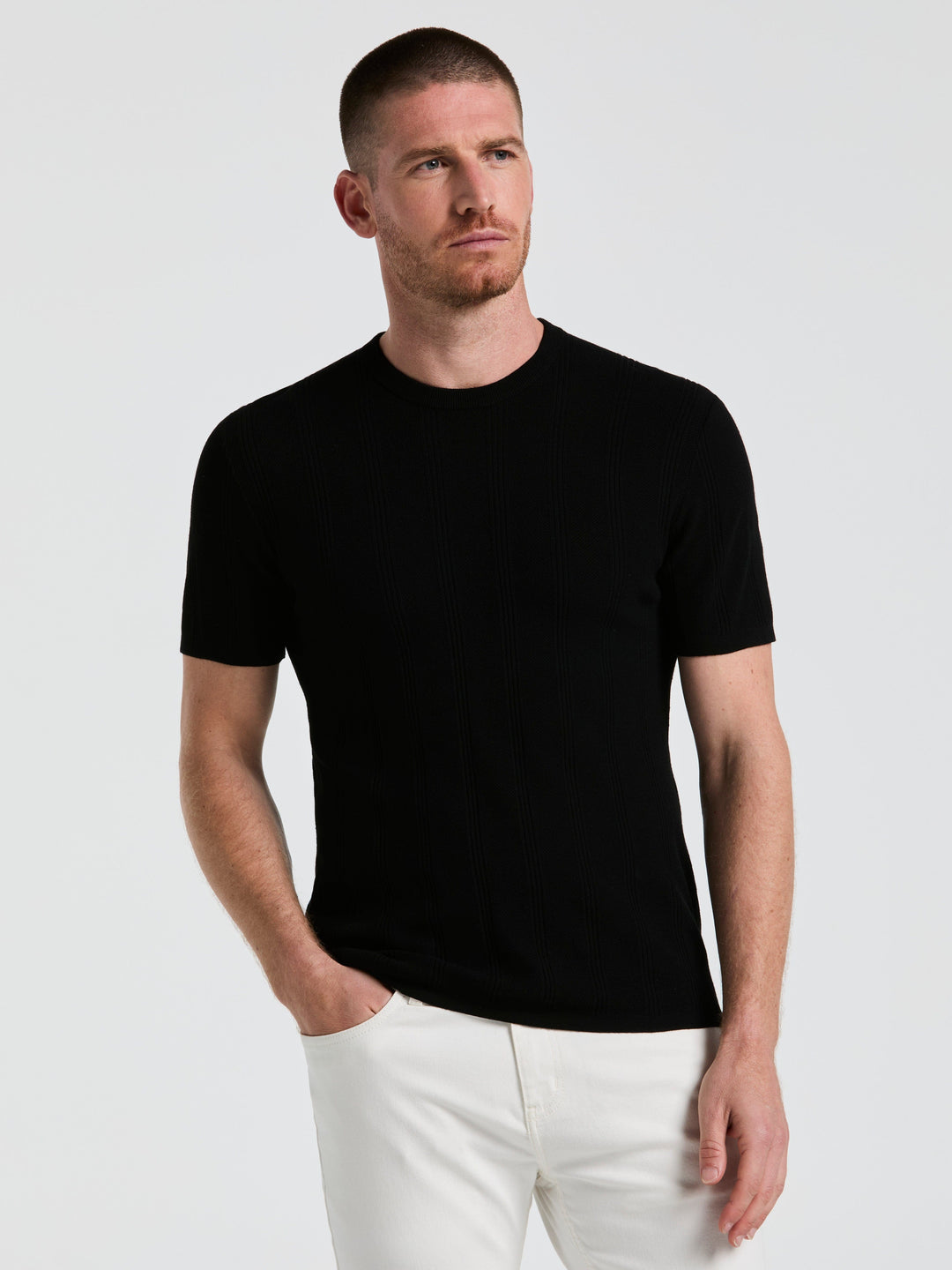Technical Vertical Stripe Crew Neck Sweater (Black) 