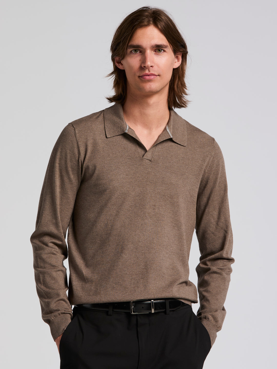 Perry Ellis Men's Tech Knit Open Collar Long Sleeve Sweater Polo - Gray
