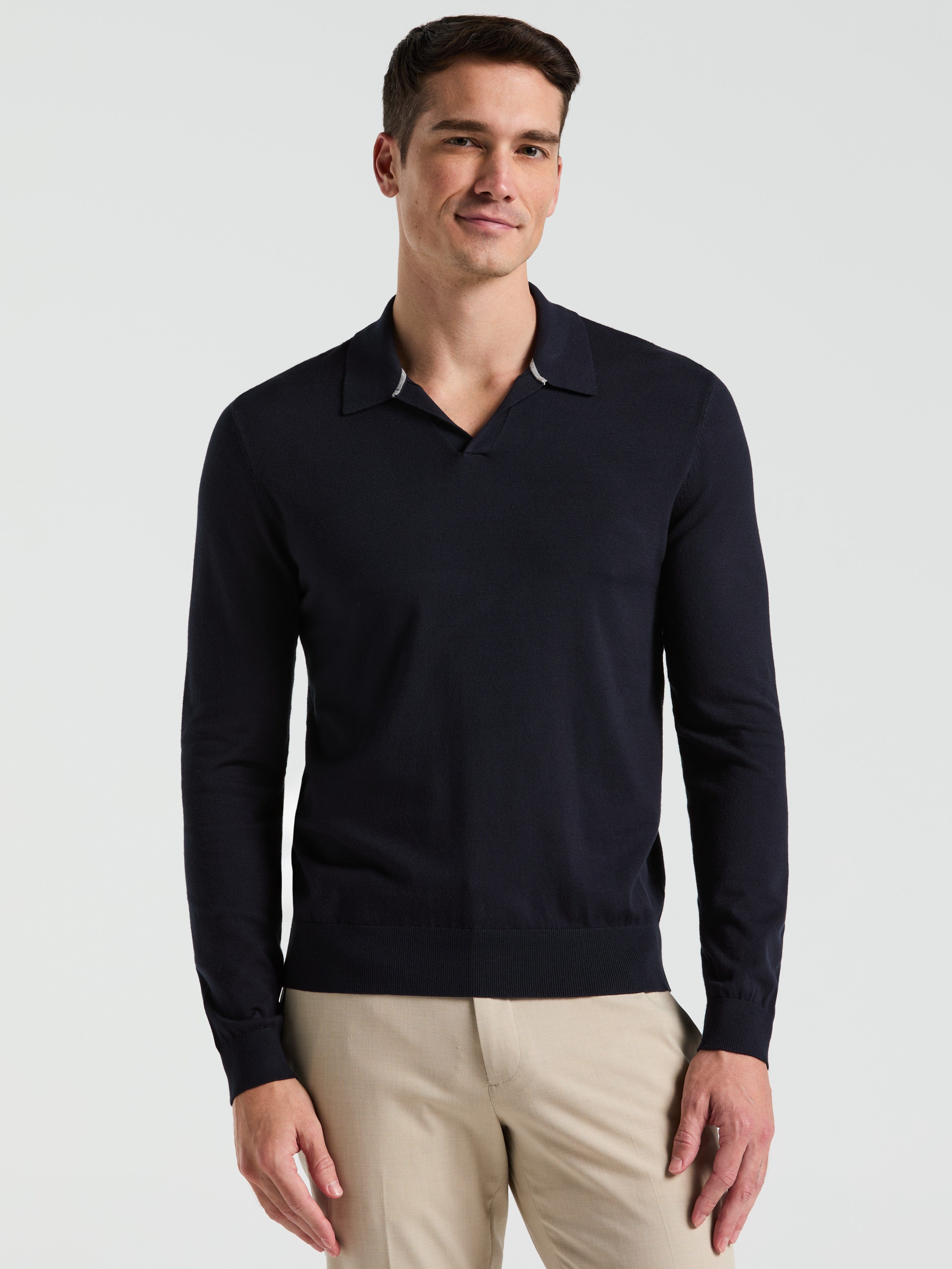 Tech Knit Open Collar Sweater Polo Long Sleeve – Perry Ellis