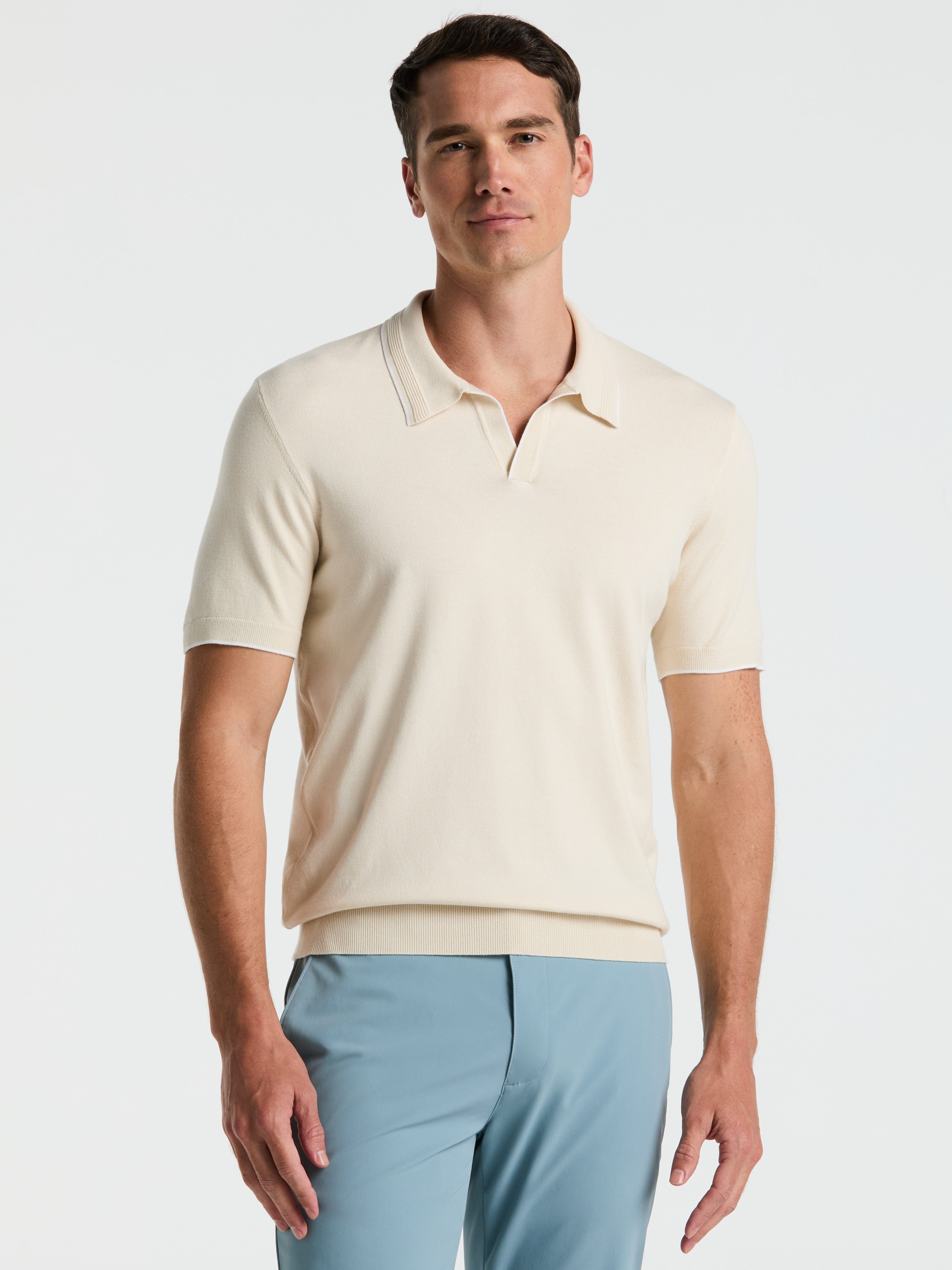 Tech Knit Open Collar Tipped Sweater Polo – Perry Ellis