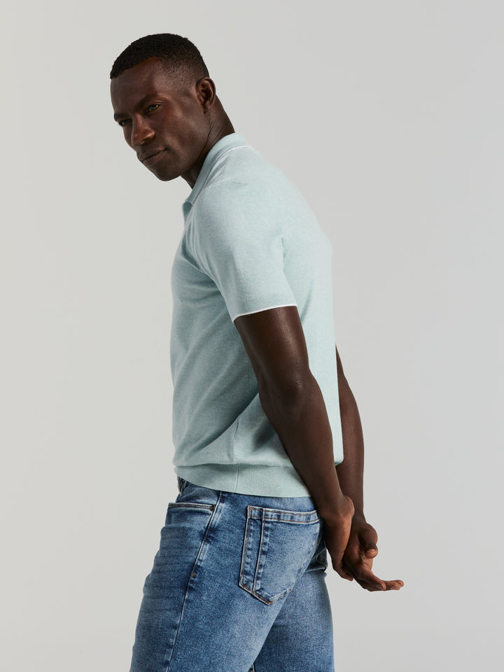 Open Polo Sweater with Tipping Detail (Cloud Blue Htr) 
