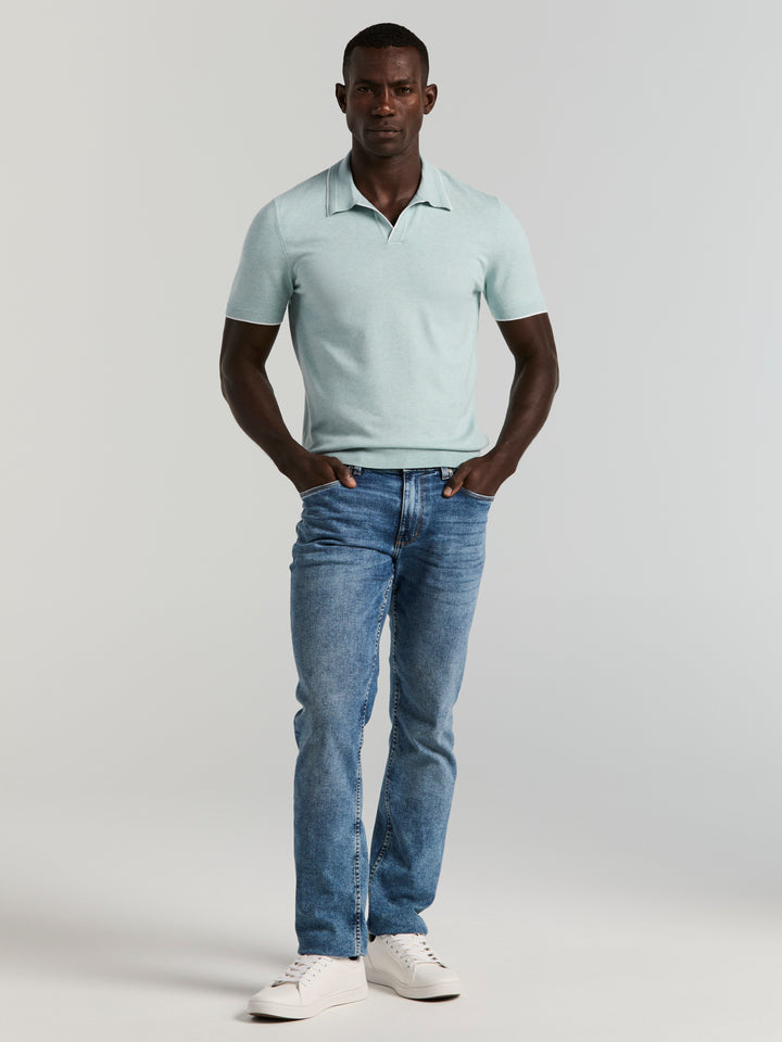 Open Polo Sweater with Tipping Detail (Cloud Blue Htr) 