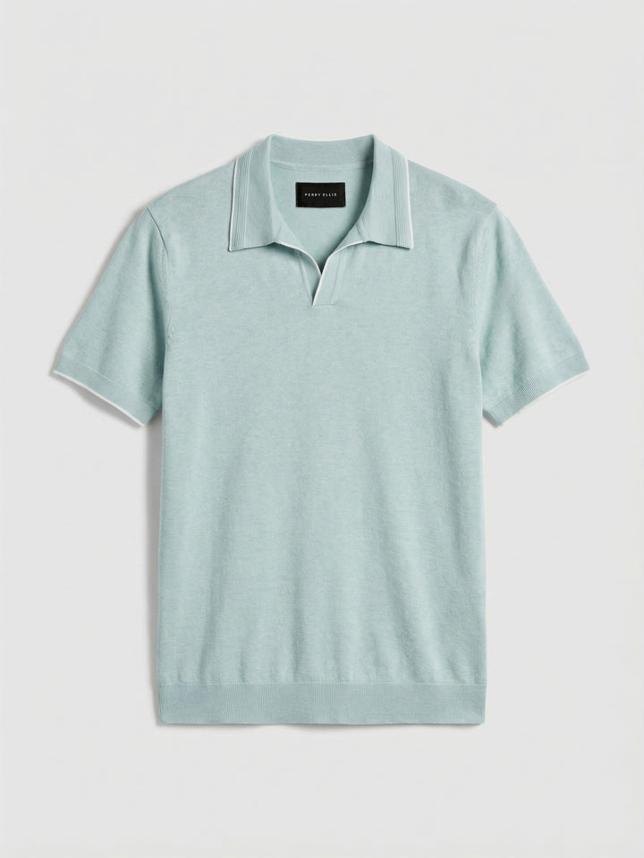 Open Polo Sweater with Tipping Detail (Cloud Blue Htr) 