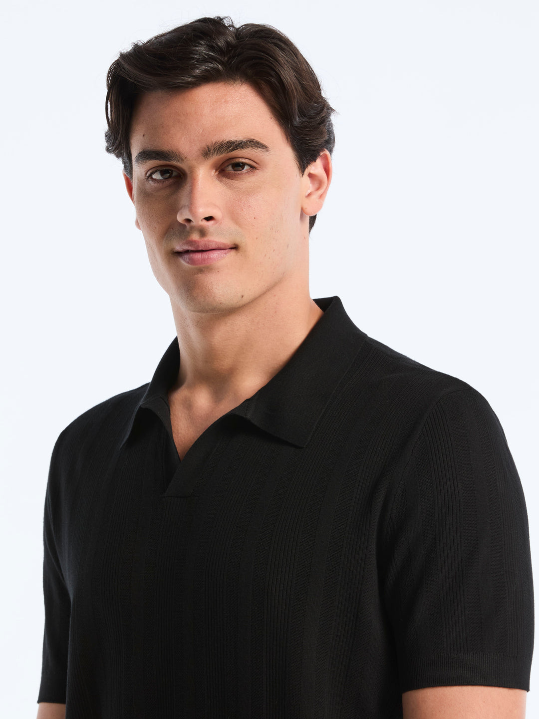 Short Sleeve Tech Mesh Stripe Polo Sweater (Black) 