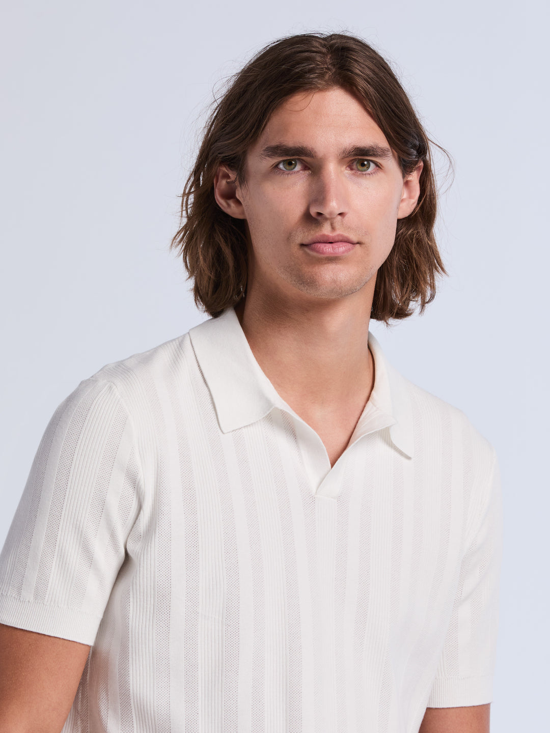 Short Sleeve Tech Mesh Stripe Polo Sweater (Bright White) 